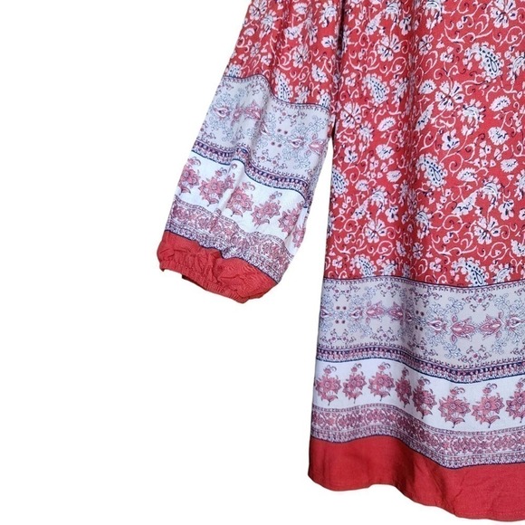 Boho Dress Long Sleeve Pullover Bohemian Pattern String Neck Burgundy Red - Picture 4 of 4